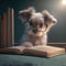 Dog shihtzu read book activity. Cute shihtzu wearing eyeglasses reading school book