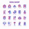 Dog shop thin line icons set: bags for transportation, feeders, toys, doors, dental hygiene, muzzle, snacks, hygienic bags, dry