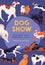 Dog show poster on purple background. Various cartoon dogs breeds posing at placard template vector flat illustration