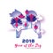 Dog silhouette. Origami Waterlily or lotus flower. Happy Chinese New Year 2018 Greeting card. Year of the Dog. Text