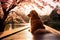 Dog sits on bridge in the blossom spring . Generative AI.