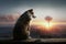 A Dog Sits With His Back To The Sunset On The Roof Of A Building And Looks Out Over The City With A Nuclear Blast. Generative AI