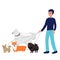Dog sitter composition with outdoor landscape and doodle male character walking three dogs with cityscape background
