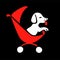 Dog sitter logo in drawing style on black background for highlight. Walking pet in red carriage icon vector isolated