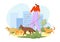 Dog sitter, walk with pet animal, vector illustration, outdoor care service for puppy, flat woman character hold leash
