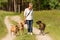 Dog sitter is walking  with many dogs on a leash. Dog walker with different dog breeds in the beautiful nature