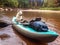 The dog is sitting in blue kayak with things aground and wait capitan