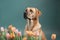 a dog sitting in front of a bunch of tulips