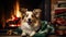 dog sitting in front of a fireplace with Christmas stockings , allow copy space, christmas banner, bright palette