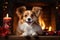 dog sitting in front of a fireplace with Christmas stockings , allow copy space, christmas banner, bright palette