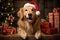 dog sitting in front of a fireplace with Christmas stockings , allow copy space, christmas banner, bright palette