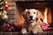 dog sitting in front of a fireplace with Christmas stockings , allow copy space, christmas banner, bright palette