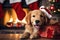 dog sitting in front of a fireplace with Christmas stockings , allow copy space, christmas banner, bright palette