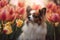 a dog is sitting in the middle of a field of tulips