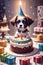 Dog sitting on top of birthday cake