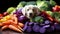 A dog sitting on top of a pile of vegetables. Generative AI image.