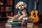 dog, sitting on top of stack of books, with pop star outfit and guitar in the background