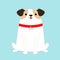 Dog sitting. White puppy pooch. Red collar bone. Cute cartoon kawaii funny baby character. Flat design style. Help homeless animal