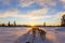 Dog sledding with huskies in beautiful sunset