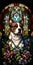 The dog on stained glass illustration showcases a loyal canine figure surrounded by vivid and ornate stained glass designs. The