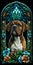 The dog on stained glass illustration showcases a loyal canine figure surrounded by vivid and ornate stained glass designs. The