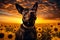 a dog standing in a field of sunflowers, spring time, landscape