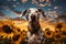a dog standing in a field of sunflowers, spring time, landscape