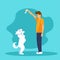 Dog standing on hind legs asking for food. Young man is training his puppy. Flat vector Illustration.