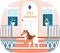 Dog stands on doorstep with beautiful white retro vintage front door with inscription pet owners