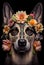 Dog with sugar skull painted face for Day of Dead, Dia de los Muertos festive background, Generative AI