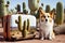 Dog with a suitcase traveling to the desert with cactus, summer holiday, adventure and wanderlust concept