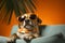 A dog in sunglasses lies in a beach lounger on an orange background, vacation, Generative AI 1