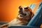 A dog in sunglasses lies in a beach lounger on an orange background, vacation, Generative AI