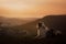 Dog at sunset in the mountains. Australian Shepherd Dog