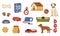 Dog supplies. Doodle pet shop assortment. Food and toys for puppies. Playing ball or bone. Collar with leash. Doggy booth. Vet