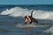 A dog surfing on the waves sea