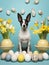 Dog surrounded by Easter eggs and daffodils. The concept is festive springtime celebration.