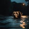 Dog swimming at night in a river or canal. A generative AI photograph realistic illustration of a pet having fun.