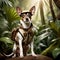 The dog is a traveler, a jungle explorer.