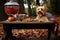 dog treats and water bowl on a park bench