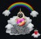 Dog unicorn with a donut on the cloud