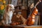 a dog on the viola, while a cat plays the flute in an orchestra of animal musicians