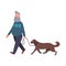 Dog walker walking pet outdoor. Senior stroll with labrador. Cartoon flat character. Pet walking service concept art