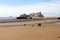 Dog walkers on sand beach