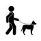 Dog walking icon, man leads a pet on a leash, stick figure,