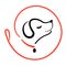 Dog walking service logo in line style on round from leash. Happy puppy training icon. Walk pet symbol in black red