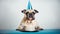 A dog wearing birthday hat in front of cake, AI-generated.