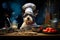 Dog wearing chef's hat and chef's outfit. Generative AI