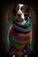 a dog wearing a colorful sweater and a polka dot scarf