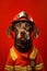 Dog wearing fireman's helmet and goggles on red background. Generative AI